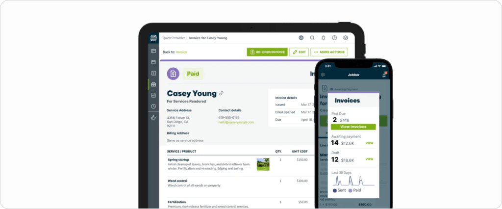 How Jobber invoicing software works with a desktop dashboard and mobile invoice view for managing service payments and customer billing.