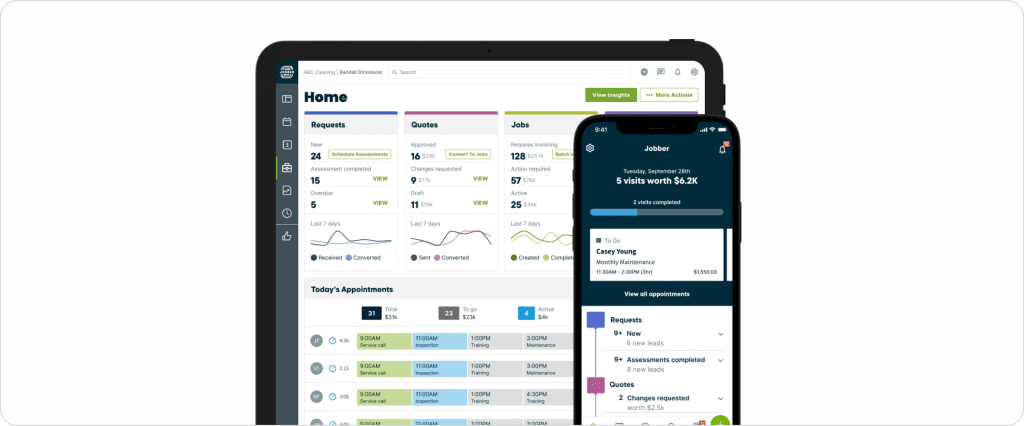 Jobber field service software dashboard showing requests, quotes, jobs pipeline analytics, and mobile app interface with appointment and revenue tracking.