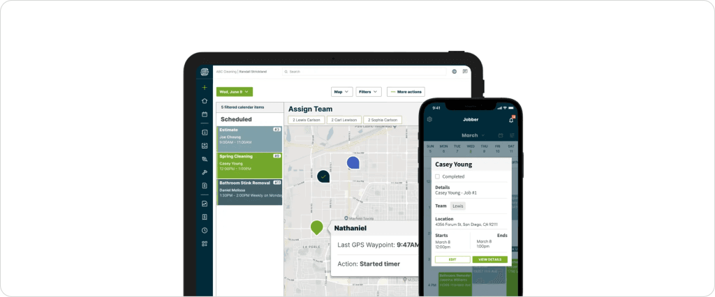 How HVAC dispatch software scheduling works with technician calendar timelines showing assigned service jobs, unassigned tasks, and drag-and-drop scheduling tools used to organize field service appointments.
