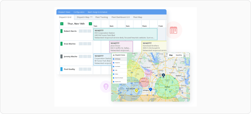 How dispatch zone planning works with technician schedules, route planning maps, and service territory zones used by dispatchers to assign jobs based on technician availability and geographic coverage.