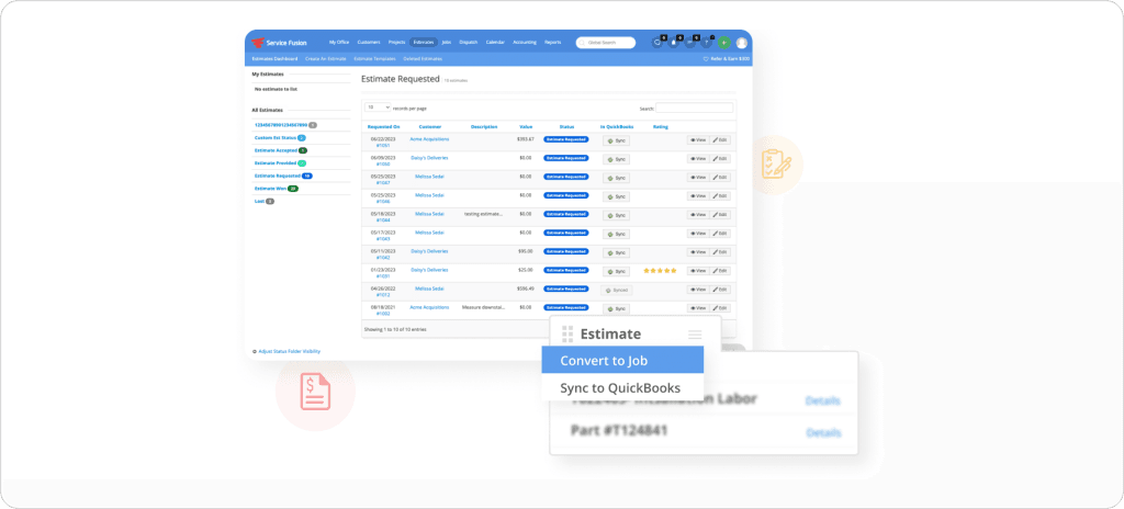How Service Fusion estimate management works with estimate lists, QuickBooks sync, and job conversion options for service businesses.