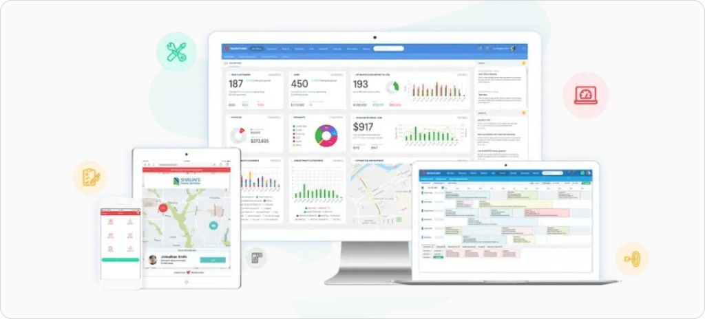 Service Fusion business management dashboard displaying performance analytics charts, service calendar scheduling, and field technician mobile map tracking interface.
