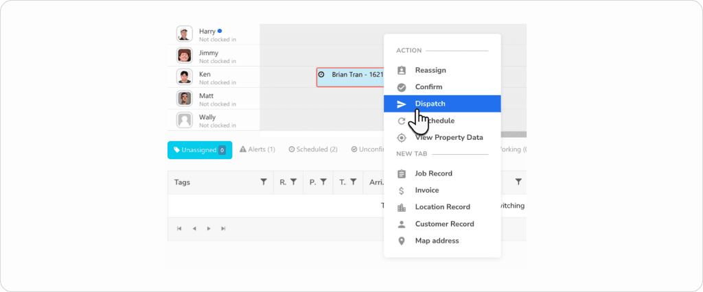 How service dispatching works with technician job queues and dispatch actions showing options to assign, confirm, reschedule, or dispatch technicians to service calls from a centralized job management panel.