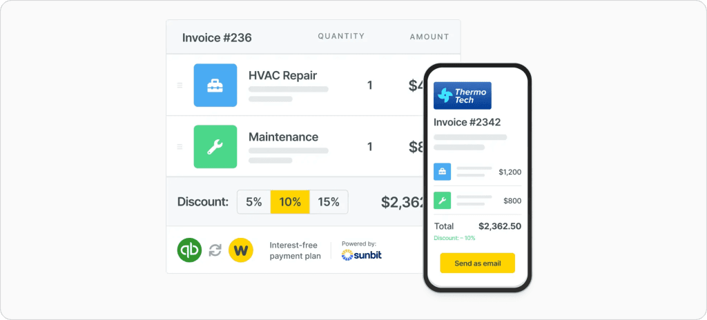 How Workiz HVAC invoicing works with itemized repair services, discounts, and mobile invoice payments for field service businesses.