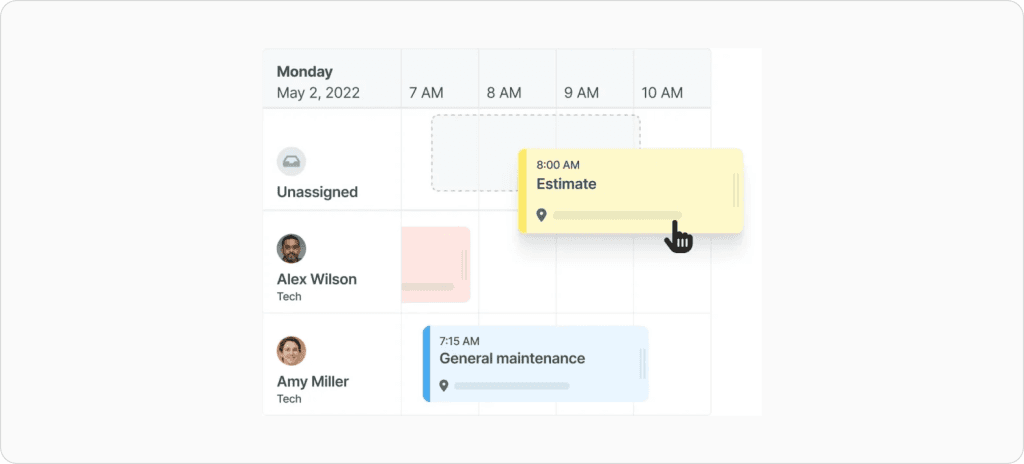 How HVAC technician scheduling works with a daily dispatch board showing technician profiles, assigned service jobs, time slots, and drag-and-drop job cards used to organize maintenance and estimate appointments.