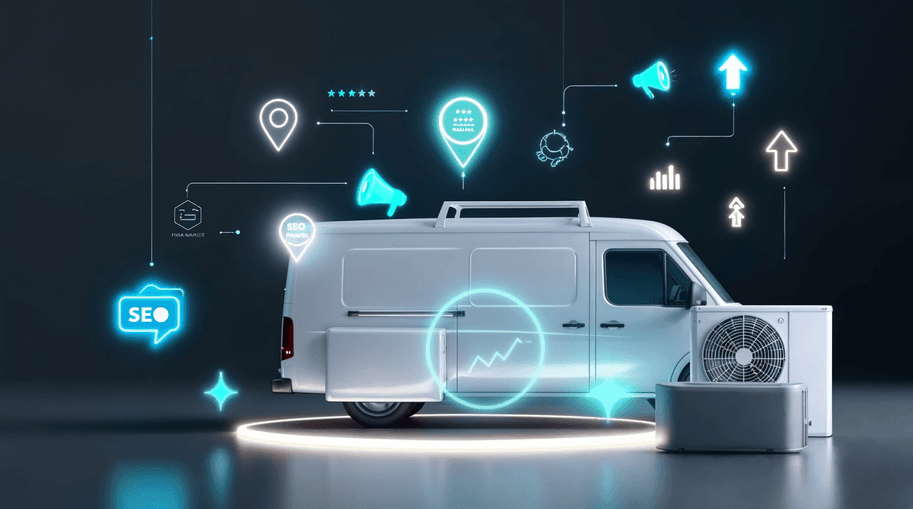 How HVAC digital marketing works with a branded service van, air conditioning unit, and glowing SEO, analytics, and growth icons representing route optimization, local search rankings, and revenue growth.