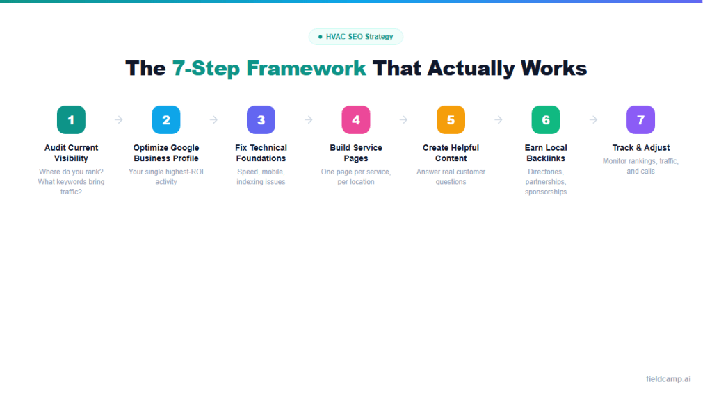 How HVAC SEO strategy works with a 7-step framework including auditing search visibility, optimizing Google Business Profile, fixing technical SEO, building service pages, creating helpful content, earning local backlinks, and tracking performance.