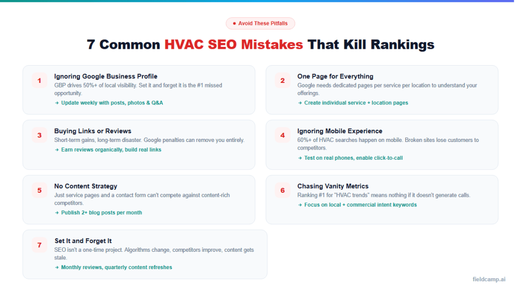 How common HVAC SEO mistakes impact rankings including ignoring Google Business Profile, using one page for all services, buying links, poor mobile experience, lack of content strategy, vanity metrics, and not updating SEO regularly.