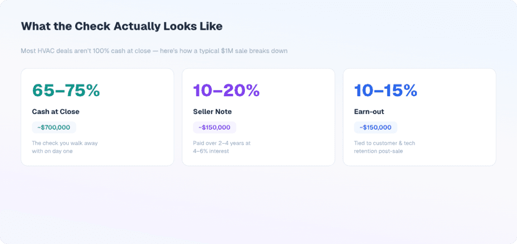 Infographic showing how a typical $1M HVAC business sale is structured: 65–75% cash at close (~$700,000), 10–20% seller note (~$150,000 paid over 2–4 years at 4–6% interest), and 10–15% earn-out (~$150,000 tied to customer and tech retention post-sale)