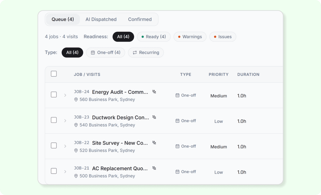 FieldCamp AI Dispatcher Shift and Travel settings panel showing: Require Return Home By Shift End toggle set to On, Drive Home Grace Period set to 30 minutes (range 0–60), Max Drive Time set to 120 minutes (range 60–180), and Ending Location Proximity Weight slider set to 50 out of 100.
