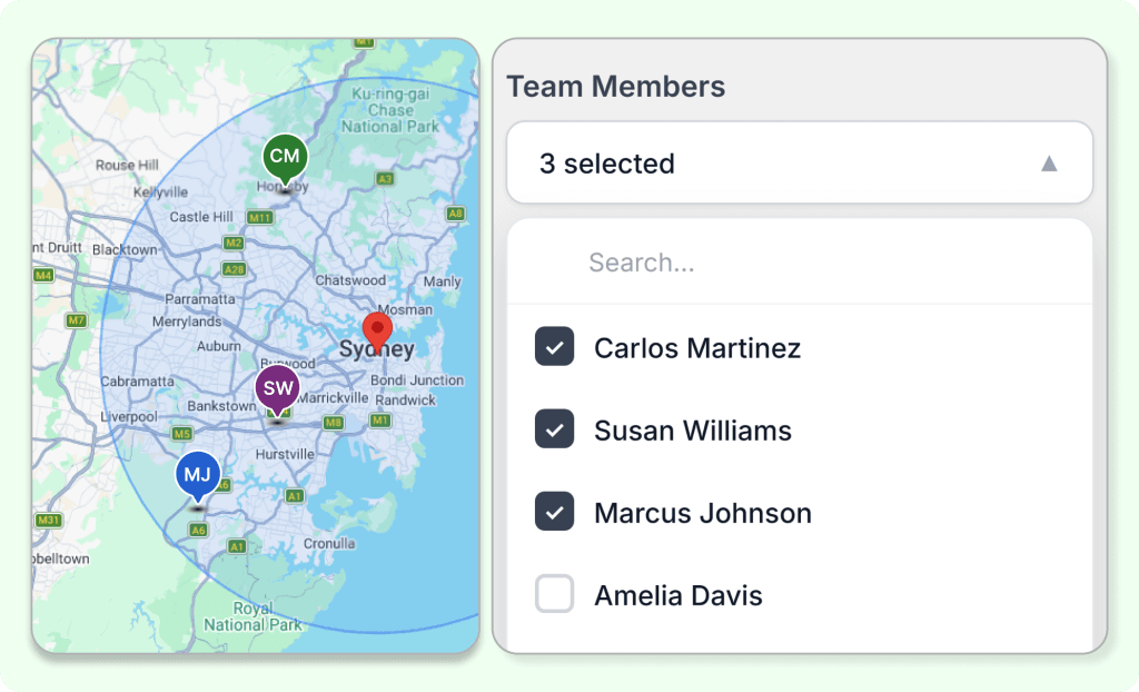 FieldCamp AI Dispatcher zone dispatching map of Greater Sydney showing technician home locations for Carlos Martinez (CM, north), Susan Williams (SW, inner west), and Marcus Johnson (MJ, south-west) within a service radius overlay. The team members panel on the right shows Carlos Martinez, Susan Williams, and Marcus Johnson selected, with Amelia Davis unselected