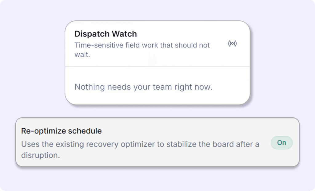 ieldCamp AI Dispatcher job queue showing 4 unassigned one-off jobs all with Ready status: JOB-24 Energy Audit at 560 Business Park (Medium, 1.0h), JOB-23 Ductwork Design Consultation at 540 Business Park (Low, 1.0h), JOB-22 Site Survey at 520 Business Park (Medium, 1.0h), and JOB-21 AC Replacement Quote at 500 Business Park (Low, 1.0h), all in Sydney.