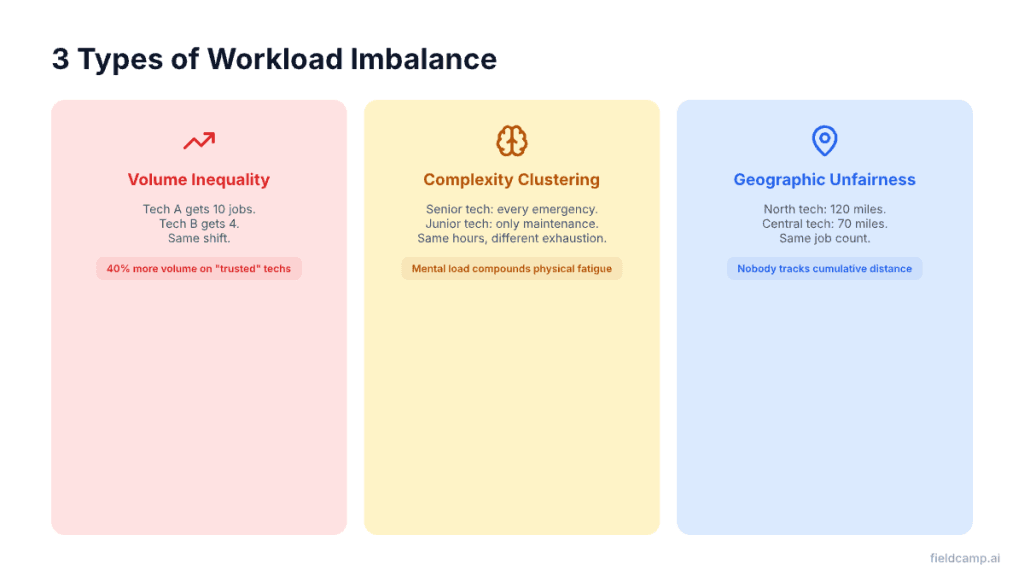 3 types of workload imbalance — volume inequality, complexity clustering, and geographic unfairness in field service