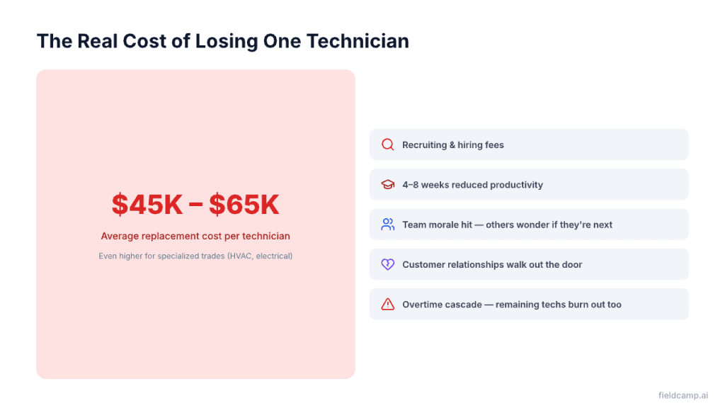 The real cost of losing one technician — $45K–$65K average replacement cost covering recruiting, productivity loss, morale, and overtime cascade