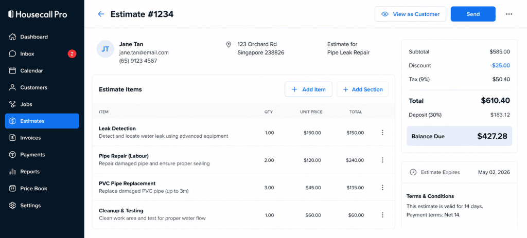 Housecall Pro estimate interface showing plumbing service quote with itemized services like leak detection, pipe repair, and PVC replacement, including pricing breakdown, taxes, deposit, balance due, and customer details for a Singapore-based plumbing job.