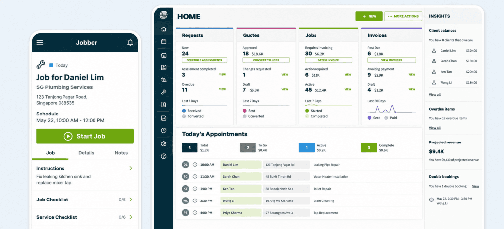 Jobber plumbing software interface showing mobile job details screen and desktop dashboard with scheduling, quotes, jobs, invoices, and daily appointments, designed for managing plumbing operations and field service workflows in Singapore.