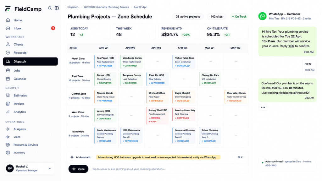 Plumbing dispatch dashboard showing FieldCamp software with zone-based job scheduling, active plumbing projects across Singapore, KPI metrics (jobs today, revenue, on-time rate), WhatsApp customer notifications, and sidebar navigation including AI Agents and Voice features for managing plumbing operations efficiently.