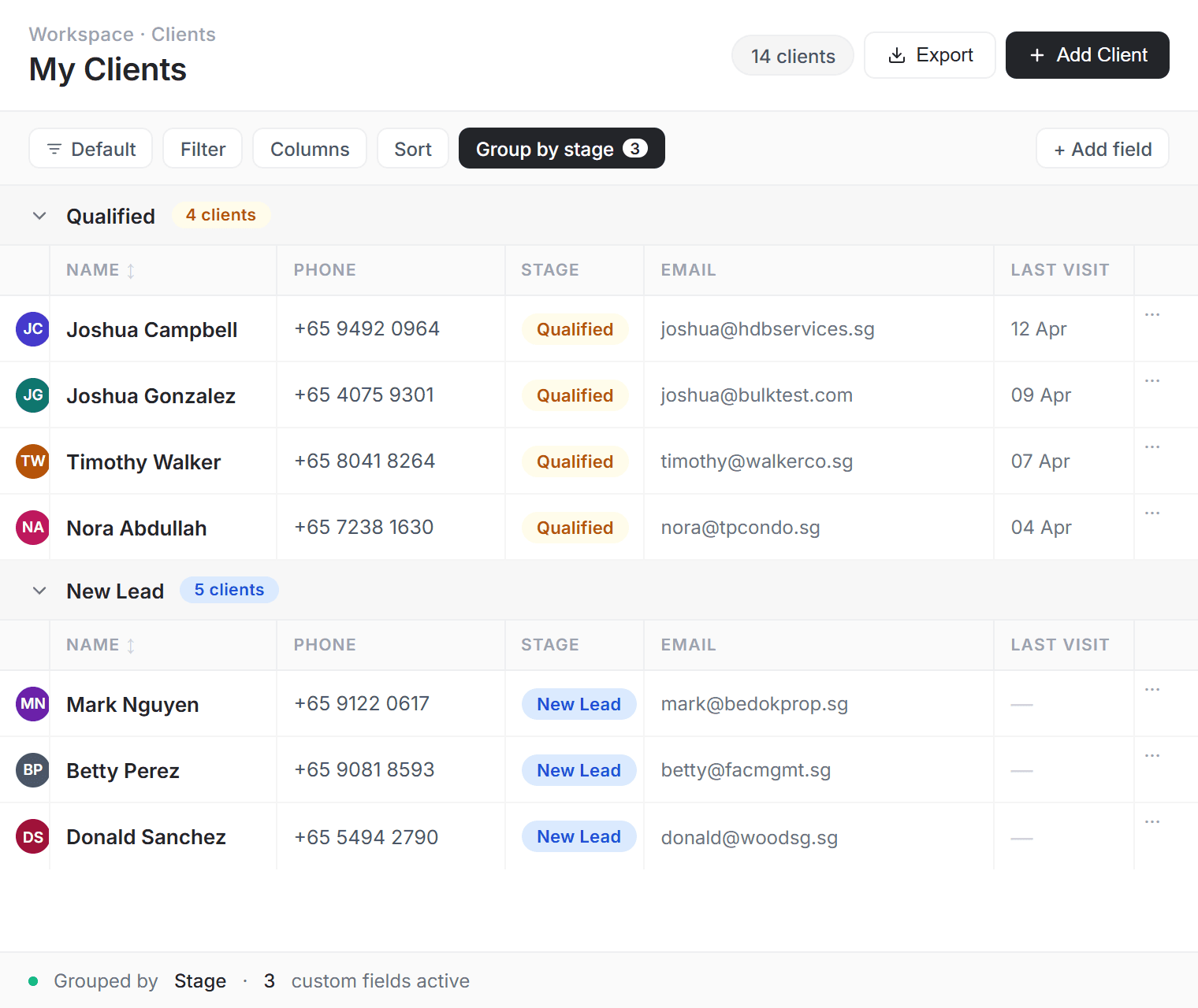 FieldCamp Clients view with custom fields